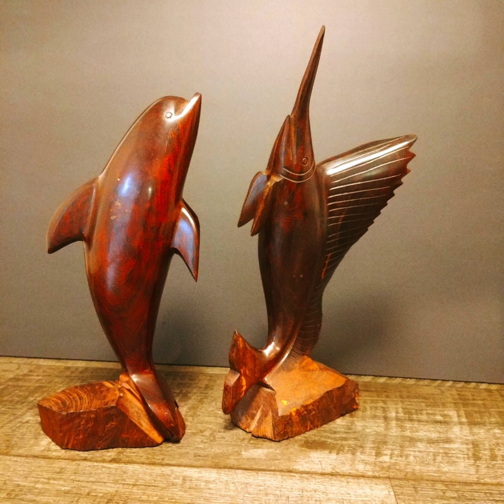 Solid Wood Dolphin Sword Fish. Dark. Hand Carved. EUC.